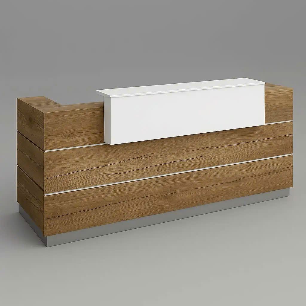 Modern wooden reception desk design.